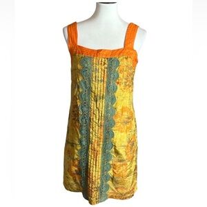 Sweet Sinammon silk dress Yellow and orange with green crochet lace trim Small